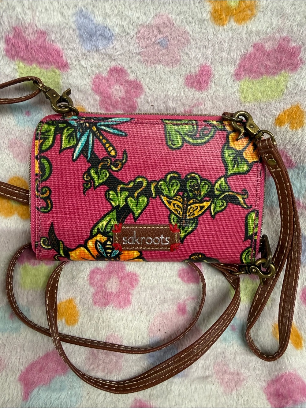 Sakroots Hot Pink Floral Crossbody Wristlet with Brown Strap